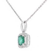 0.3ct Oval Emerald and Diamond pave Square Shape Pendant in UK Hallmarked 9ct White Gold